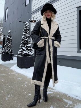 Women's Black Faux Leather Shearling Coat with Cream Trim